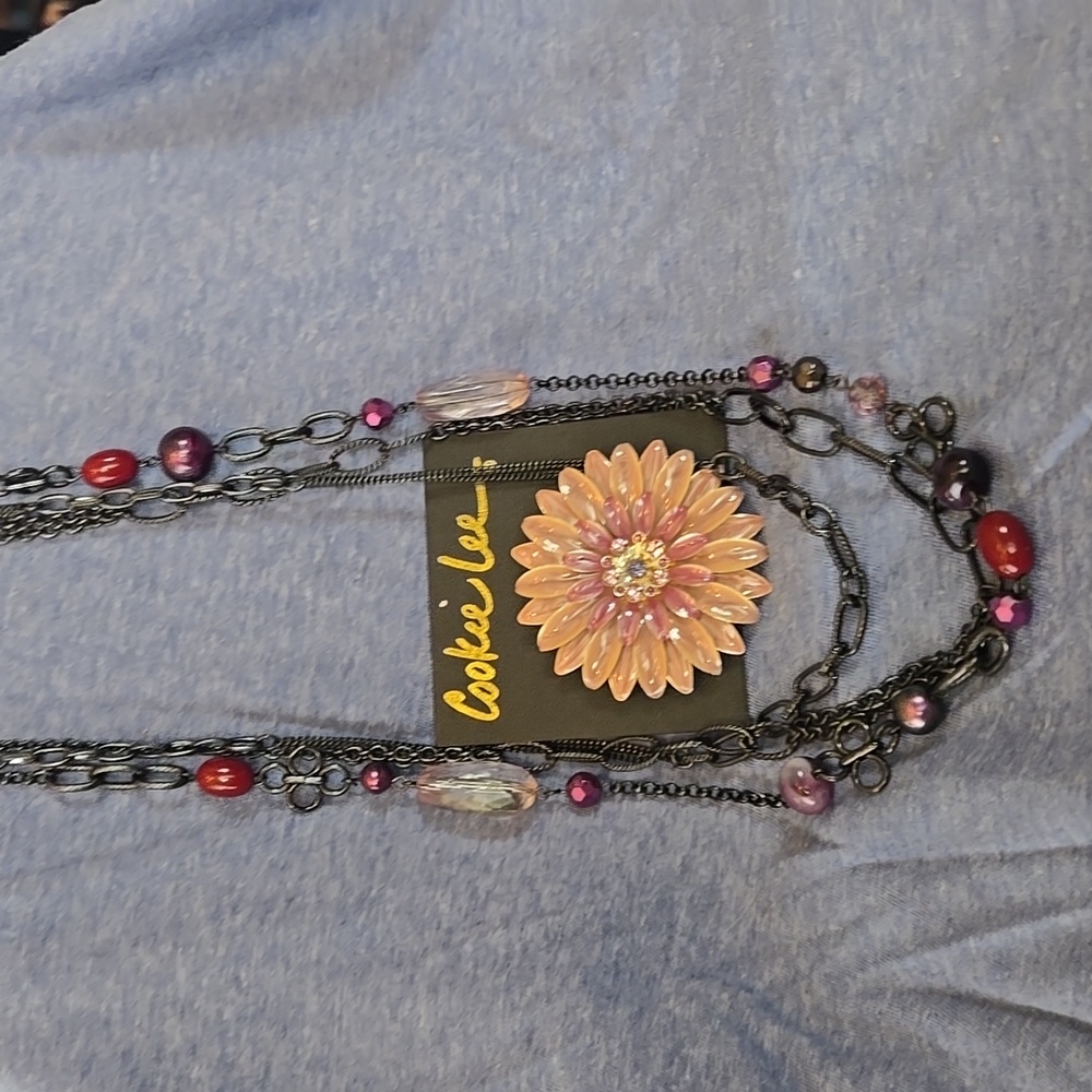 Cookie Lee, pink dahlia Brooch and 3 chain necklaces; pink, plum beads